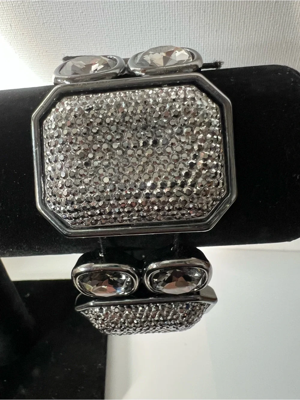 Chunky Geometric Gunmetal & Silver Rhinestone Statement Stretch Bracelet